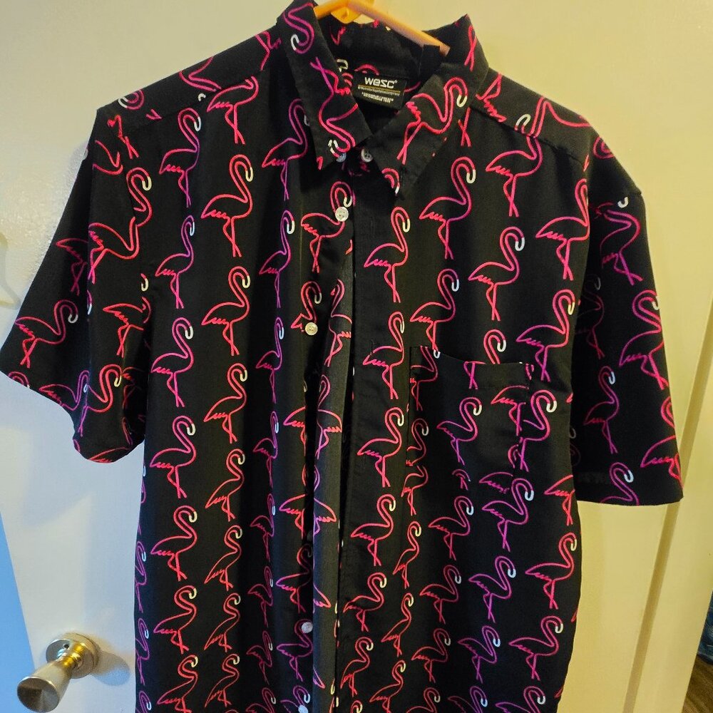 WeSC Oden Short Sleeve Shirt in the black color with a neon flamingo Mens Medium